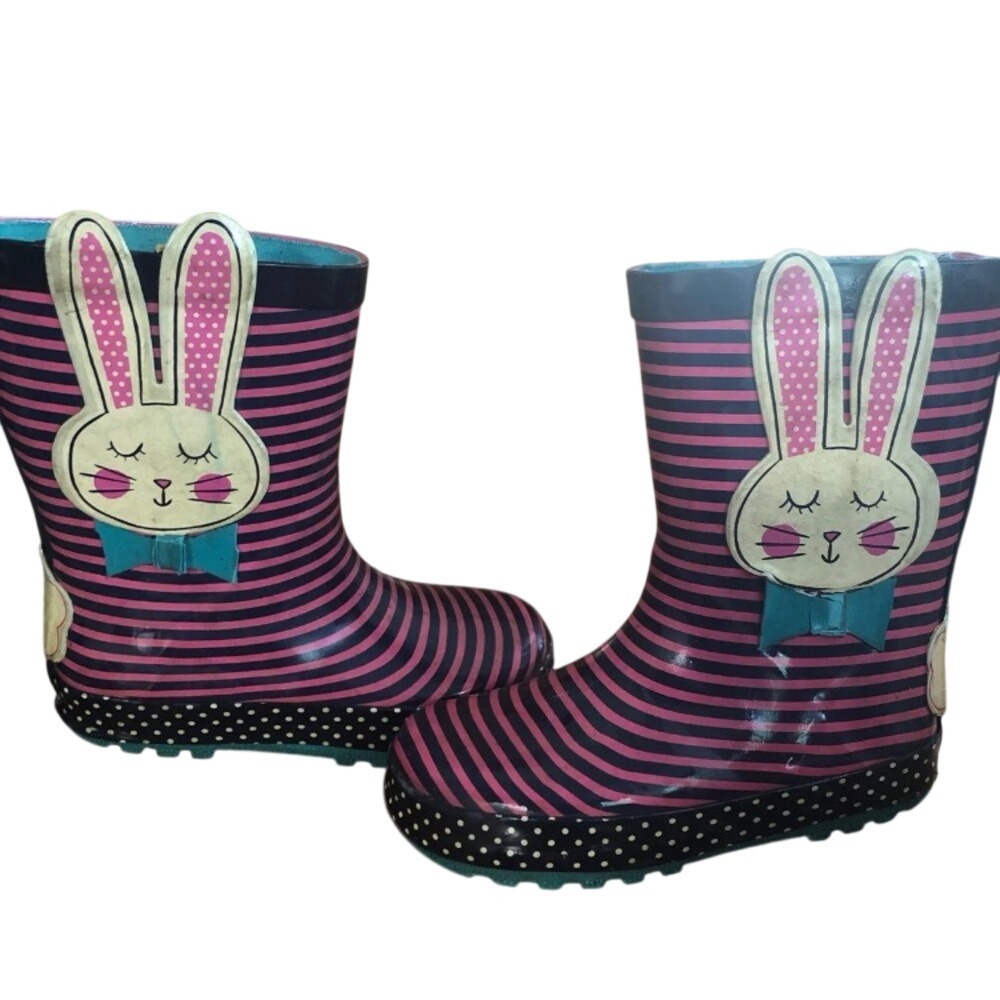 Toddler Girls Pink Striped Bunny Rain Boots Size 10 Polka Dot Rubber Wellies